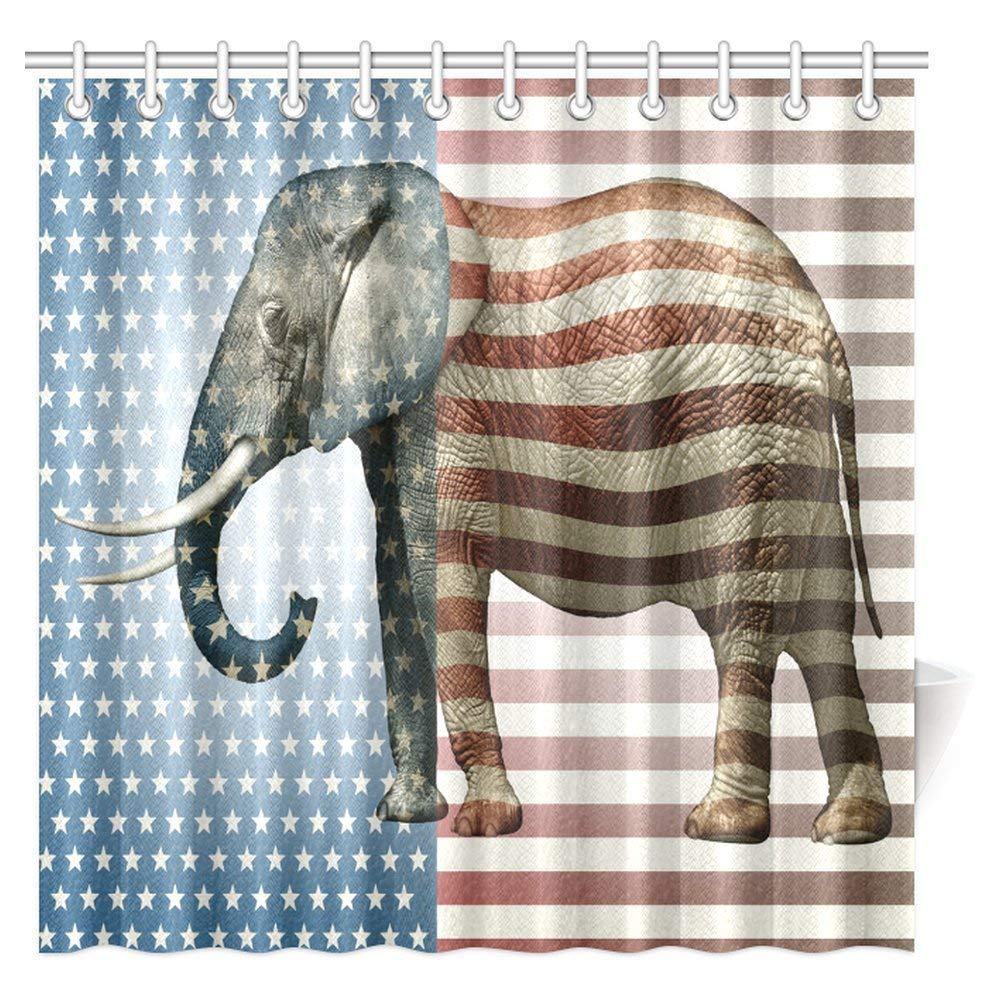 Elephant Decor Shower Curtain, Vibrant Elephant with Stars and Stripe Fabric Bathroom Shower Curtain Set with Hooks