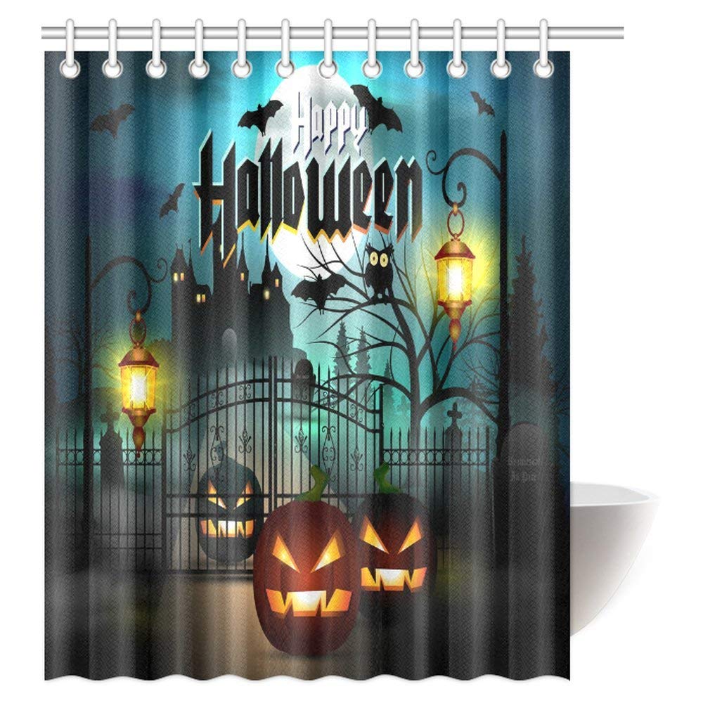 Vintage Halloween Shower Curtain, Halloween Themed Asymmetric Caste with Scary Bats and Ghosts Full Moon Fabric Bathroom Decor Set with Hooks