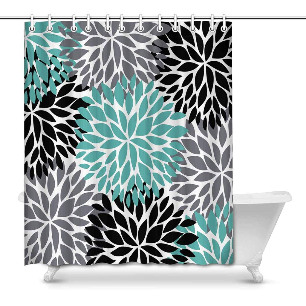 Dahlia Pinnata Flower Teal Black Gray Bathroom Decoration Decor Effect Fabric Shower Curtains