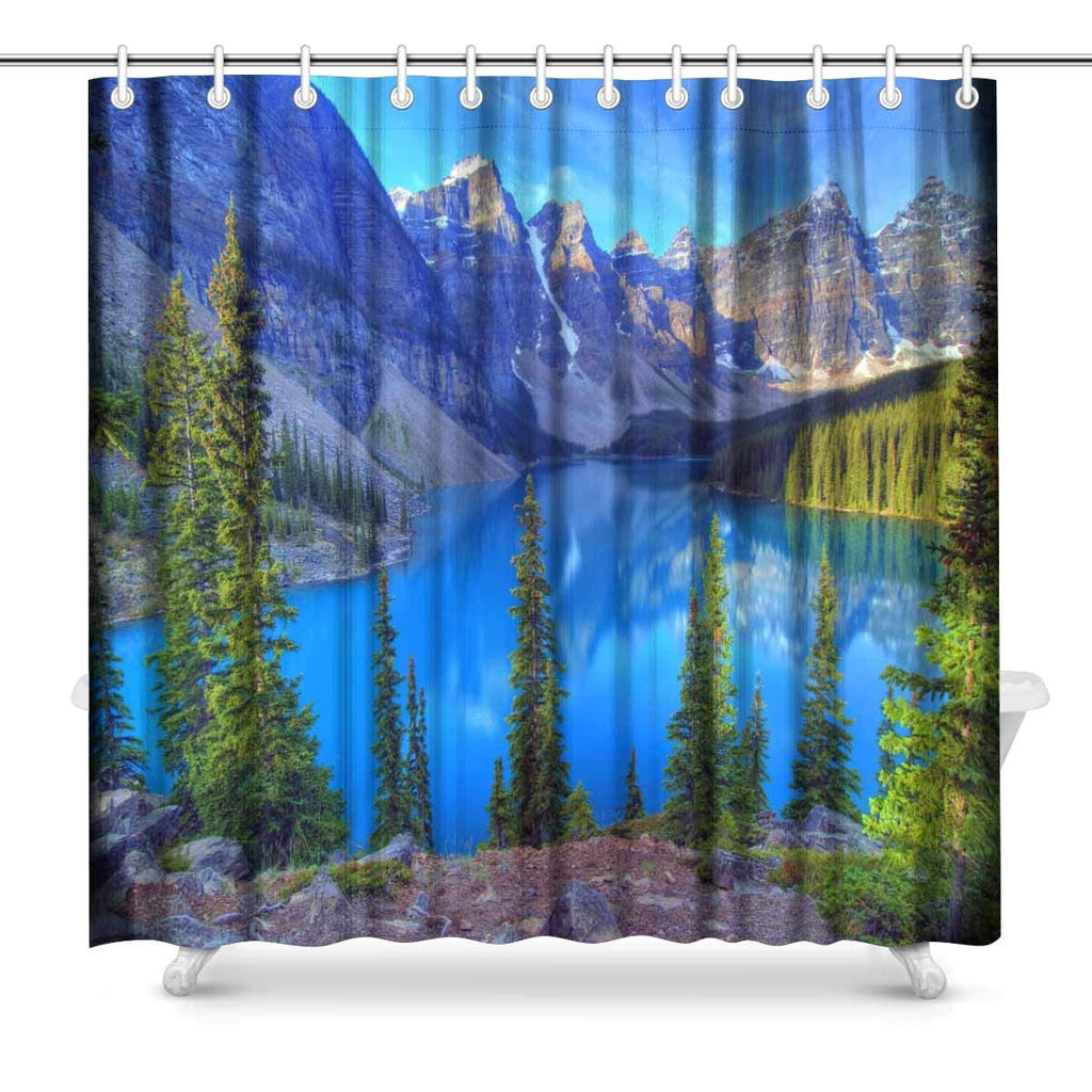 Wenkchemna Peaks Reflection on Moraine Lake Banff Rocly Mountain Canada Polyester Fabric Bathroom Shower Curtain Set with Hooks, 72 x 72 Inches