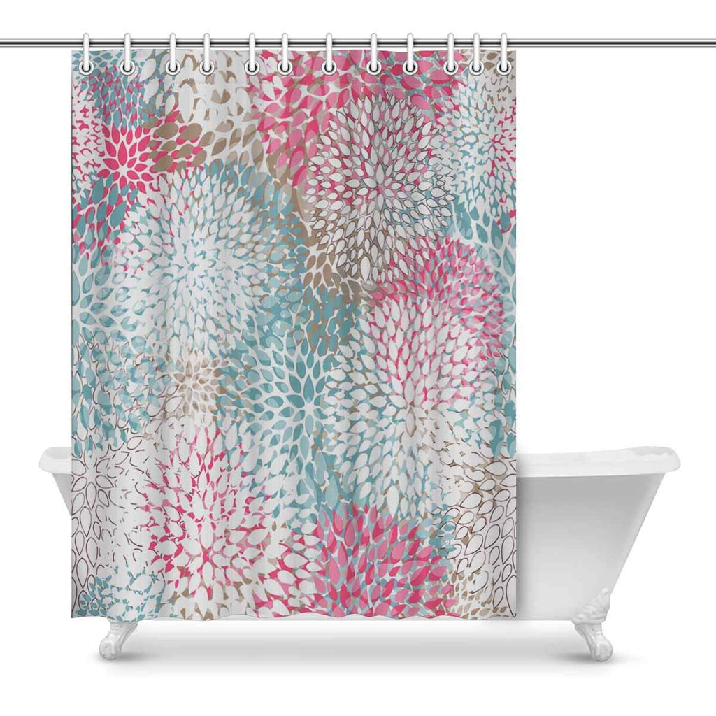 Dahlia Pinnata Flower Pink Fabric Bathroom Decor Shower Curtain Set with Hooks