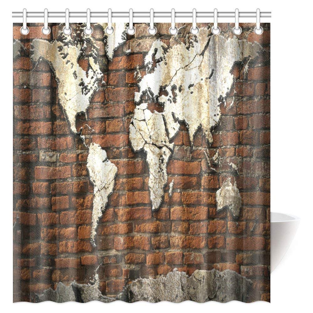 Map of the World Decor Shower Curtain, Grunge Concrete World Map on Old Brick Wall Fabric Bathroom Set with Hooks