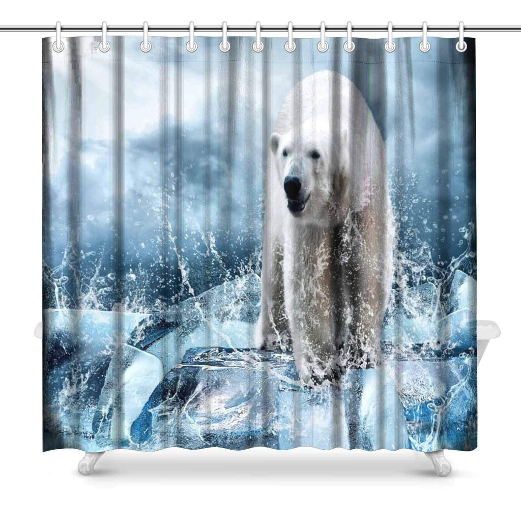 White Polar Bear Hunter on the Ice in Water Drops Bathroom Accessories, Shower Curtain with Hooks, 72 Inches