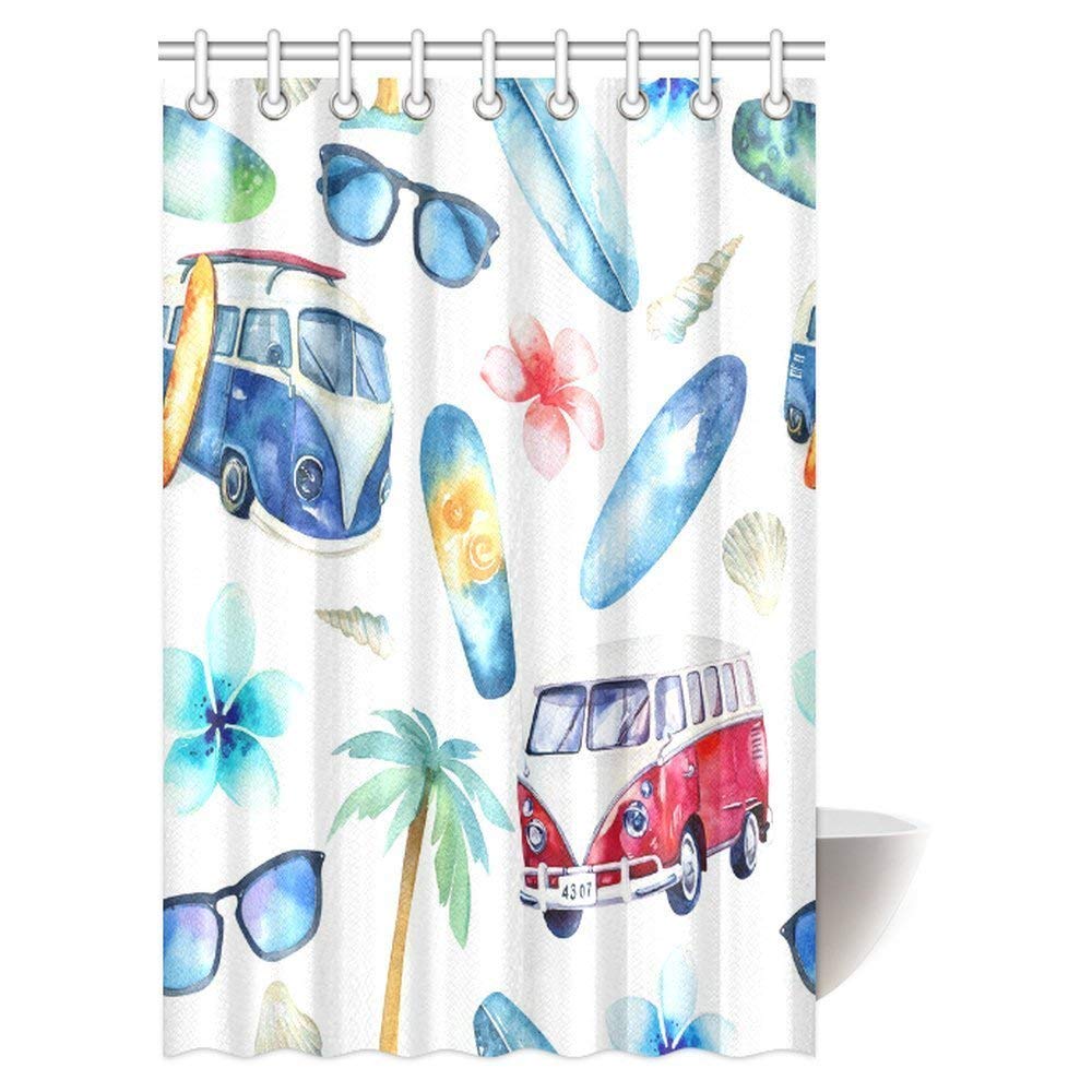 Vintage Shower Curtain, Fun Holiday Activity Watercolor Beach, Adventure, Bike, Tree Bathroom Set with Hooks