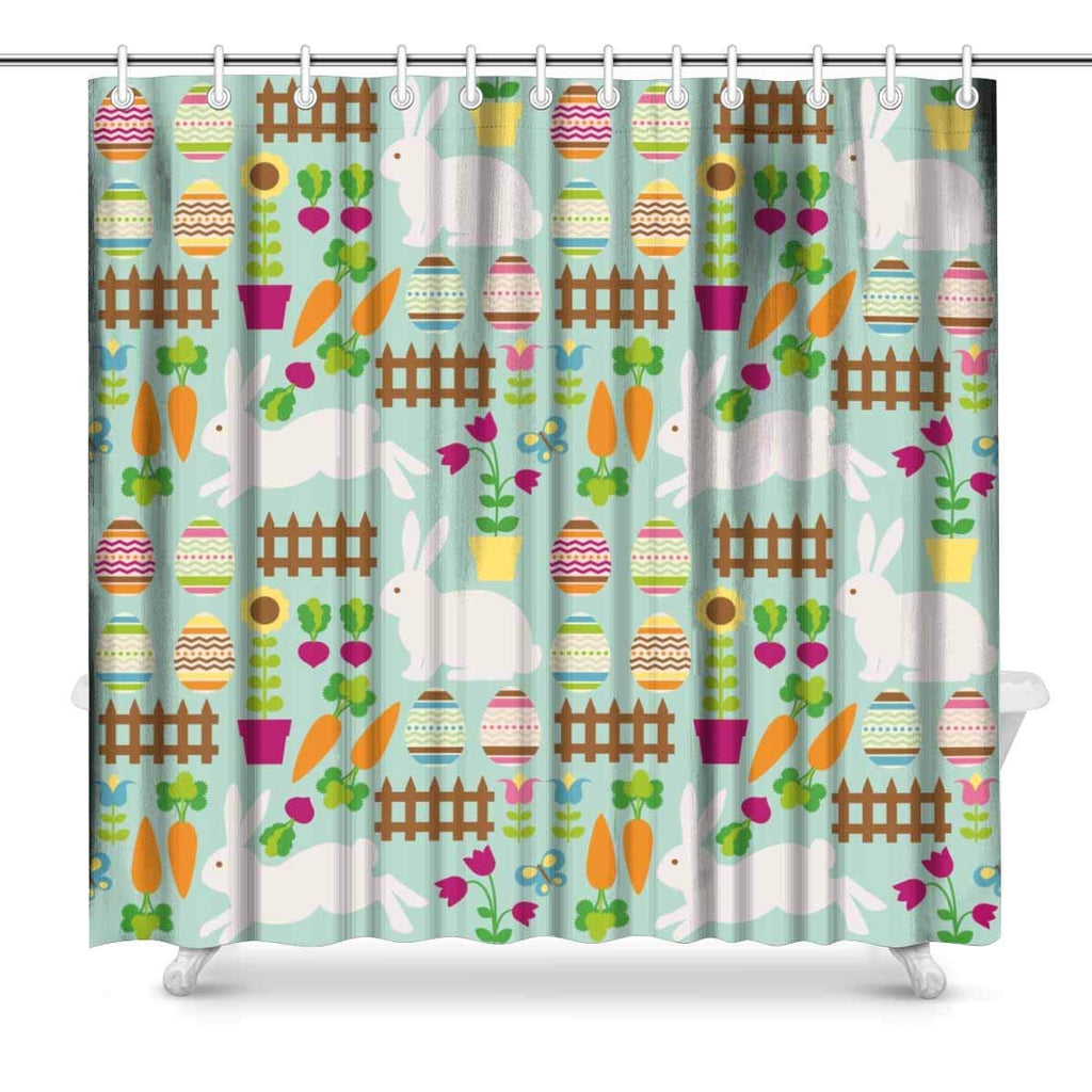 Easter Eggs, Flowers and Bunnies Fabric Bathroom Decor Shower Curtain Set with Hooks