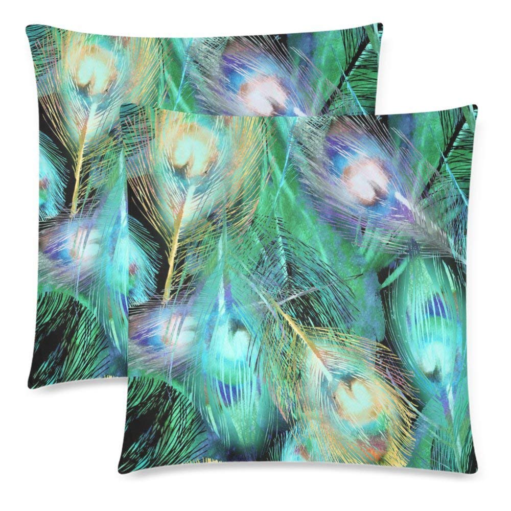 Custom 2 Pack Colorful Bird Peacock Feather Pillowcase Protector 18x18 Cushion Cover Case Twin Sides, Animal Feather Cotton Zippered Pillow Case Covers Set Decorative