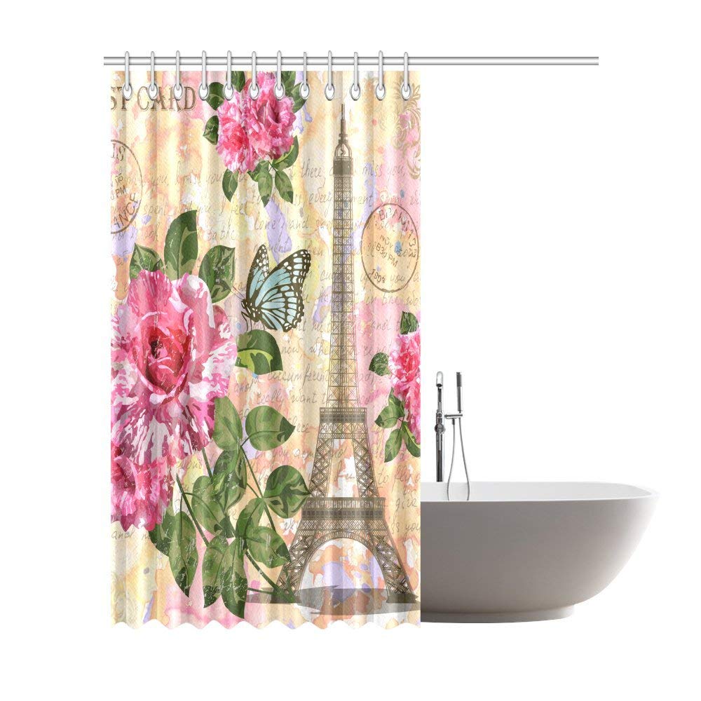 Vintage Paris Eiffel Tower Flowers Butterflies Waterproof Polyester Fabric Shower Curtain Bathroom Sets with Hooks