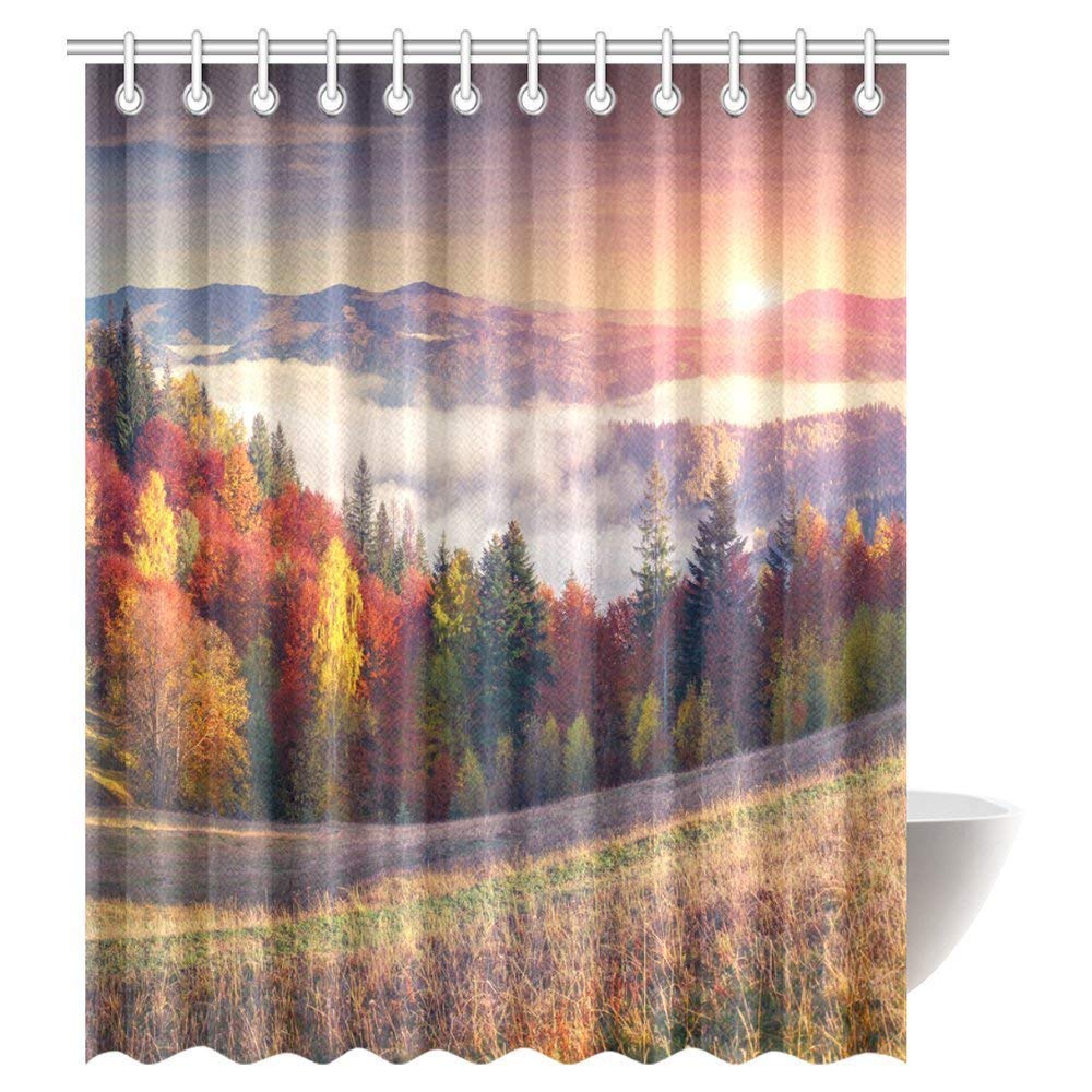 Landscape Shower Curtain, Sunrise with Stunning Sky Colors in Autumn Falls at South Western Village Scenery Bathroom Set with Hooks