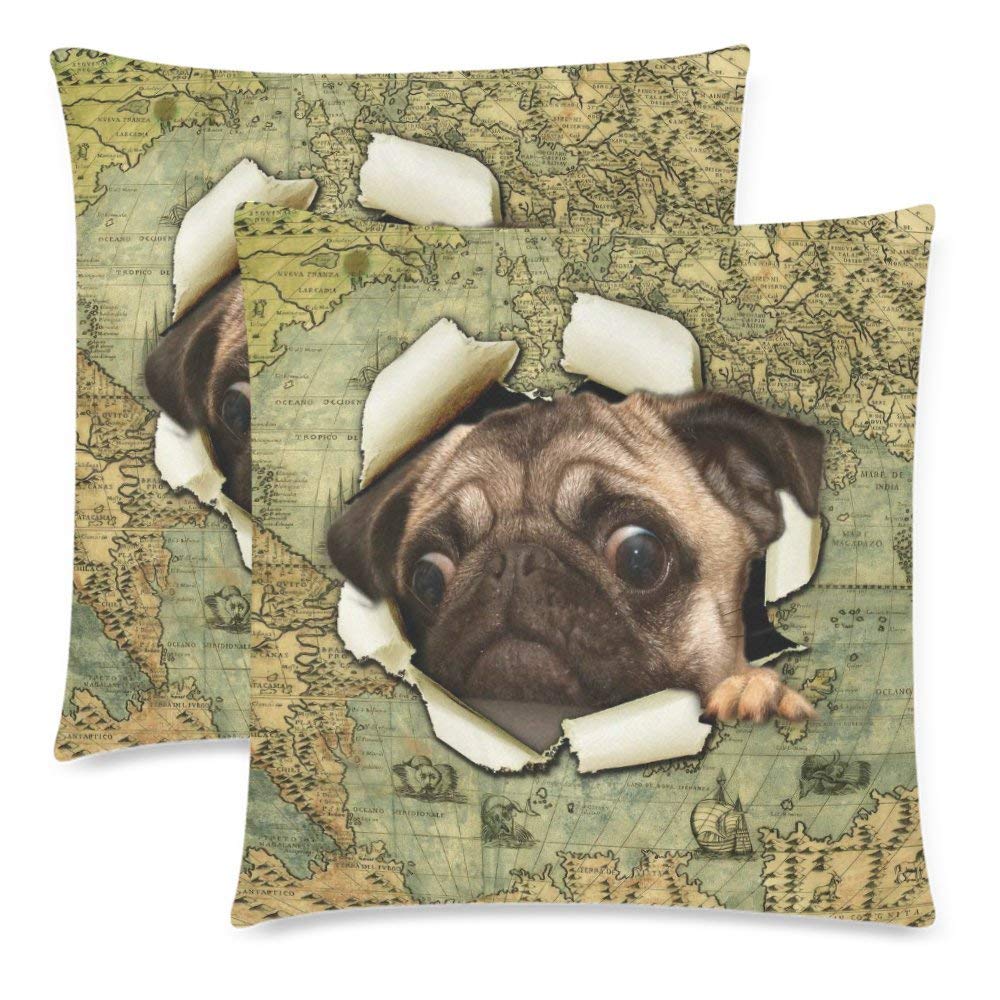 Custom 2 Pack Funny Pug Dog out of Vintage World Map Pillowcase 18x18 Cushion Case Cover Twin Sides, Cute Animal Retro Map Cotton Zippered Pillow Case Covers Set Decorative