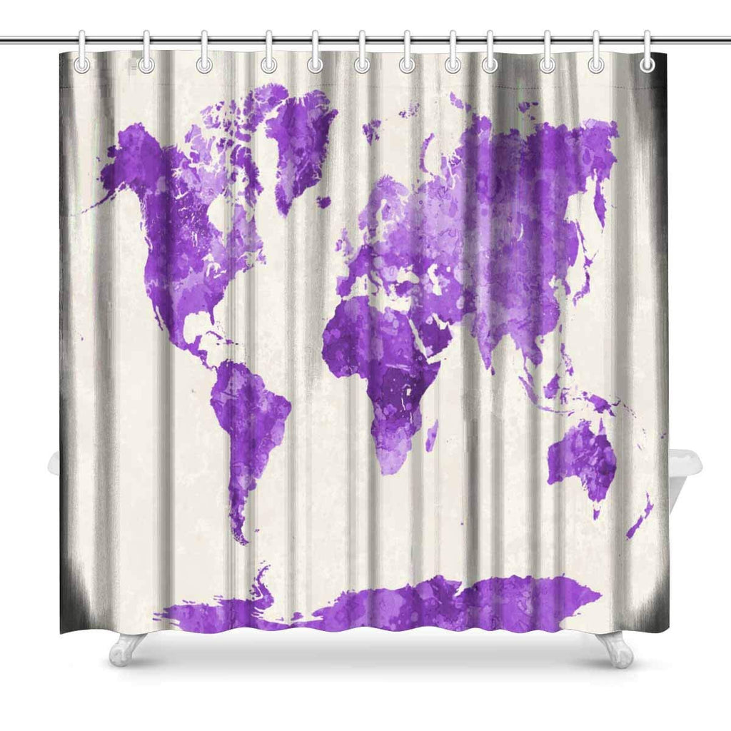 World Map in Watercolor Painting Abstract Splatters Purple Fabric Shower Curtain Decor with Hooks, 72 x 72 Inches