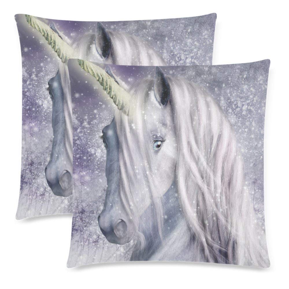 Custom 2 Pack Magical Unicorn with Snowy Winter Pillowcase 18x18 Twin Sides, Animal Head Cotton Zippered Throw Cushion Pillow Case Covers Set Decorative