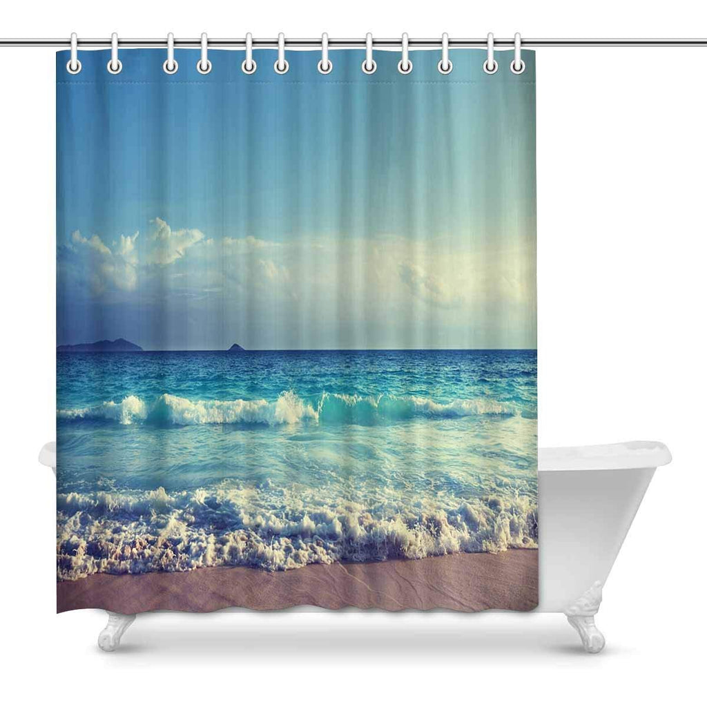 Seychelles Beach with Ocean Wave Fabric Bathroom Shower Curtain Decor Set with Hooks