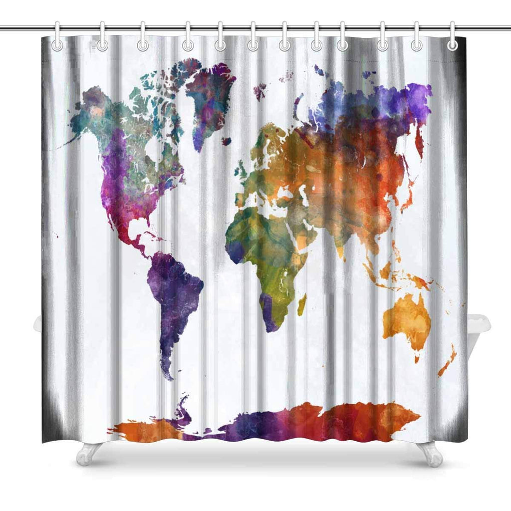 World Map in Watercolor Painting Abstract Splatters Print Polyester Fabric Shower Curtain, 72 x 72 Inches