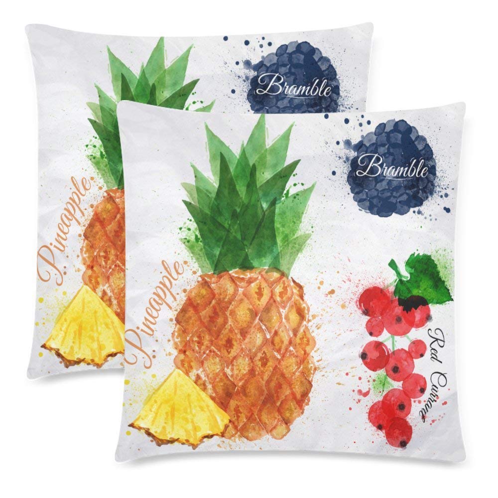 Custom 2 Pack Watercolor Fruit with Pineapple Bramble Red Currant 18x18 Cushion Pillow Case Cover Twin Sides, Drawn Blot Stain Cotton Zippered Throw Pillowcase Protector Set Decorative