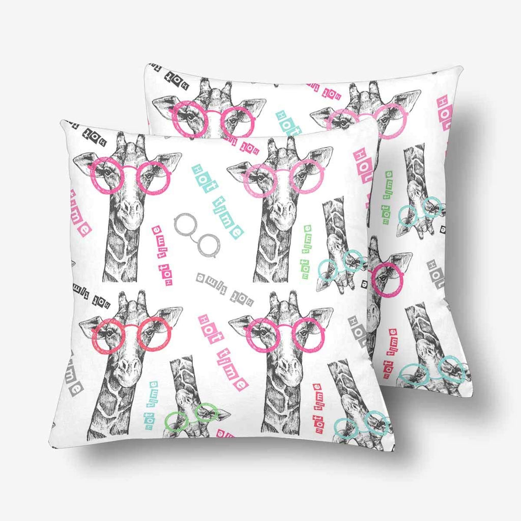 Hand Drawn Giraffe Hipster Giraffe Glasses Pillowcase Throw Pillow Covers 18x18 Set of 2, Pillow Sham Cases Protector for Home Couch Sofa Bedding Decorative