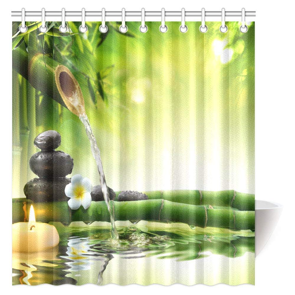 Spa Polyester Fabric Shower Curtain, Mildew Resistant Bathroom Zen Garden Theme Decor View for Bathroom Magical Jasmine Flower Japanese Design Relaxation Bamboos Stones