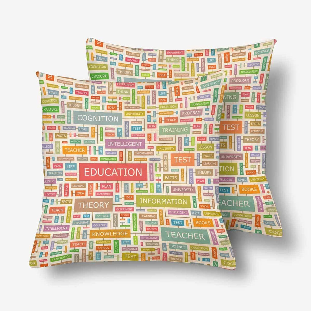 Education Word Collage Throw Pillow Covers 18x18 Set of 2, Pillow Cushion Cases Pillowcase for Home Couch Sofa Bedding Decorative