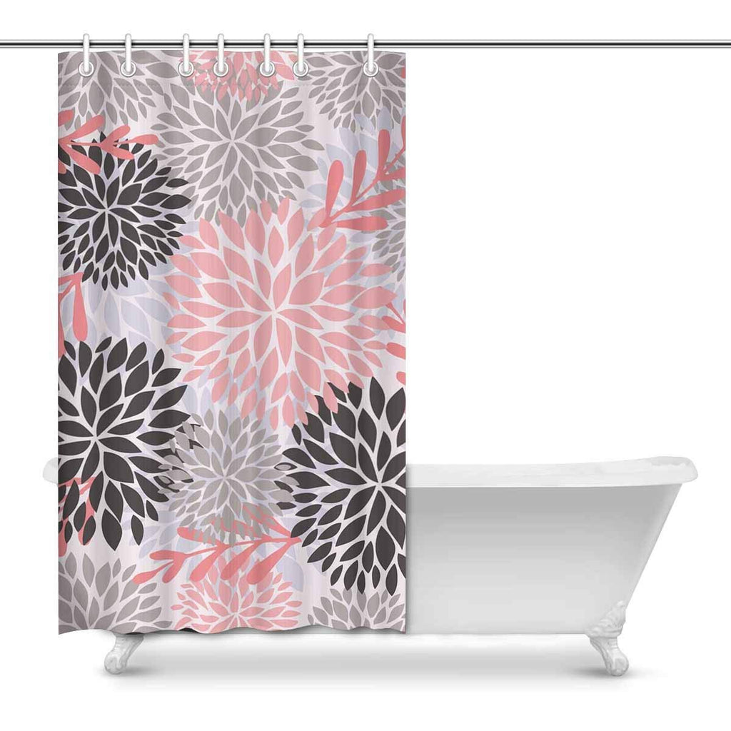 Pink Dahlias Pinnata Flowers and Leaves Fabric Bathroom Decor Set with Hooks