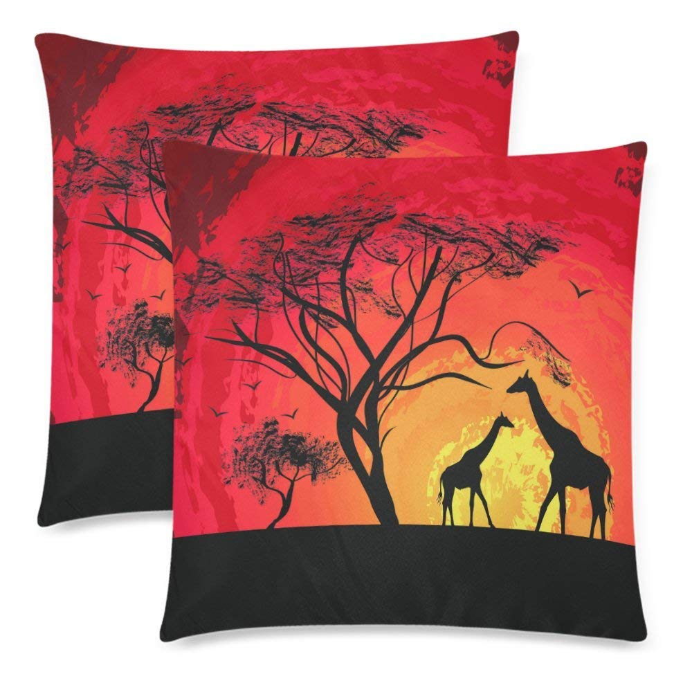 Animal Pillowcase Protector 18x18 Twin Sides, Giraffe Sunset in Africa Landscape Zippered Pillow Case Covers Decorative, Set of 2