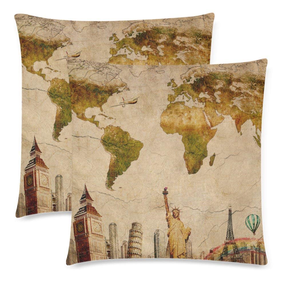 Vintage Map with Statue of Liberty Pillowcase Pillow Cushion Case Cover 18x18 Twin Sides, Big Ben Retro Polyester Zippered Throw Pillow Case Decorative, Set of 2