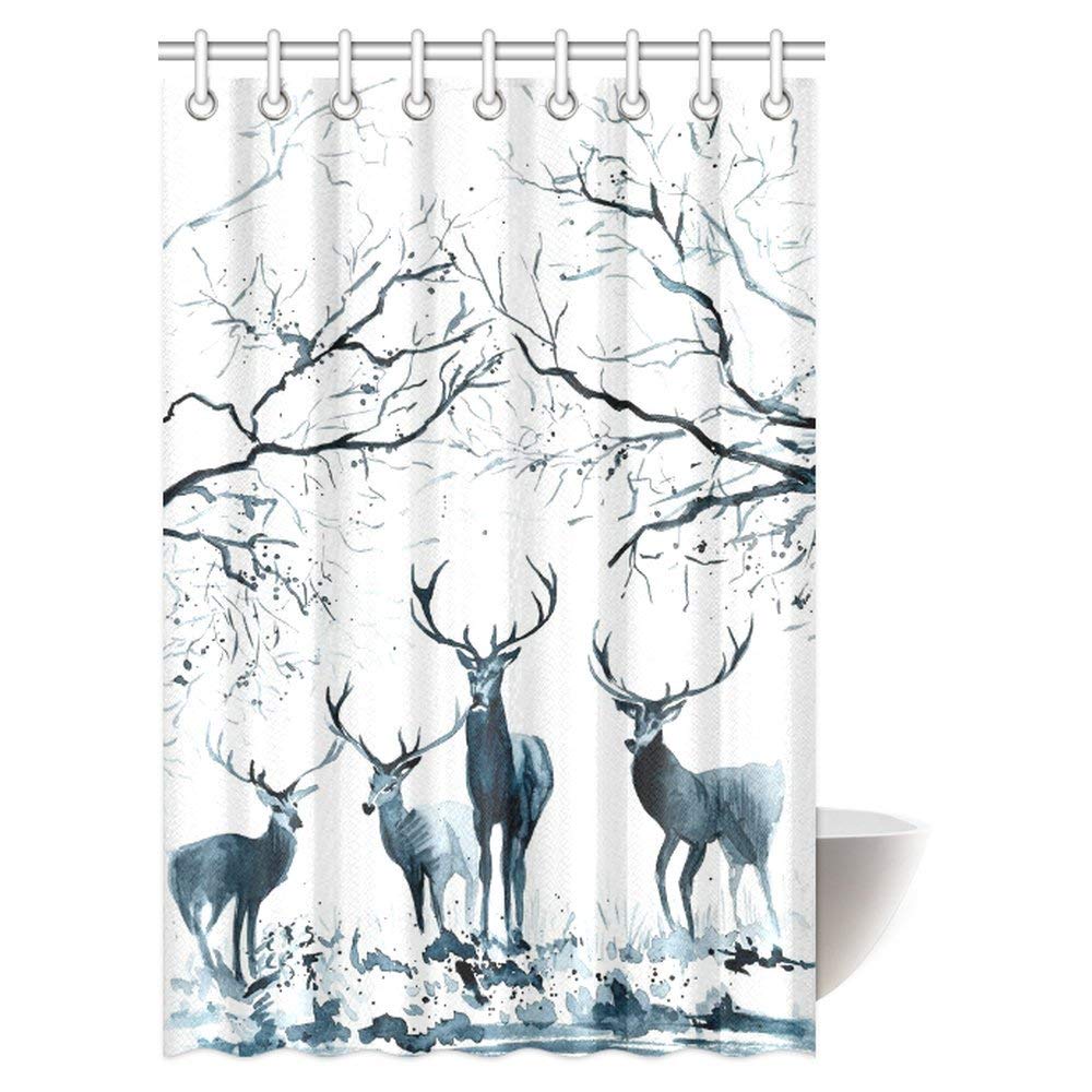 Christmas Decor Shower Curtain, Ink Painting Deer in the Woods Design Fabric Bathroom Shower Curtain with Hooks