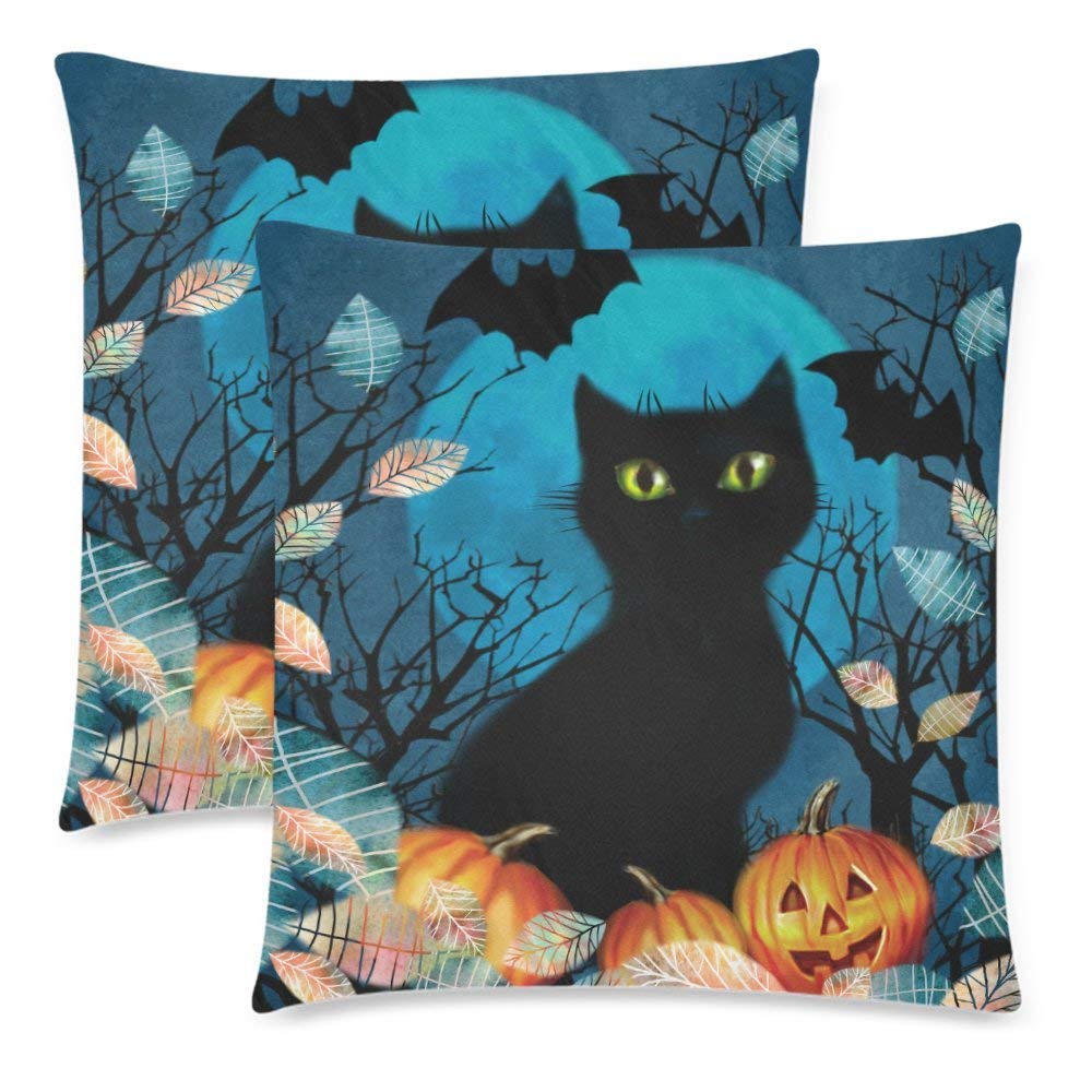 Funny Black Cat on a Full Moon with Pumpkin Pillowcase Pillow Case Cover 18x18 Twin Sides, Dark Autumn Fall Tree Leaves Polyester Zippered Cushion Case Decorative, Set of 2