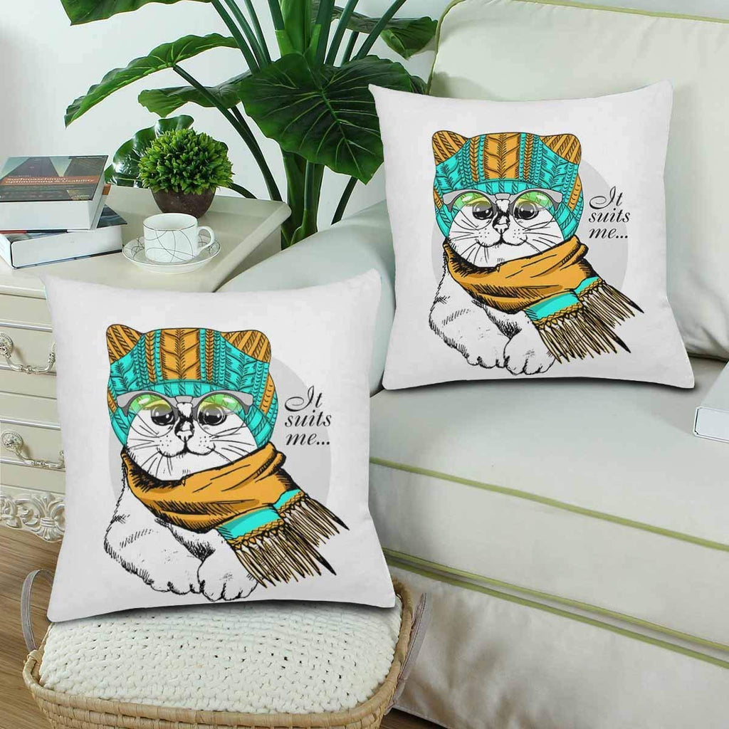 White Cat Knitted Hat Scarf Glasses Pillowcase Throw Pillow Covers 18x18 Set of 2, Pillow Sham Cases Protector for Home Couch Sofa Bedding Decorative