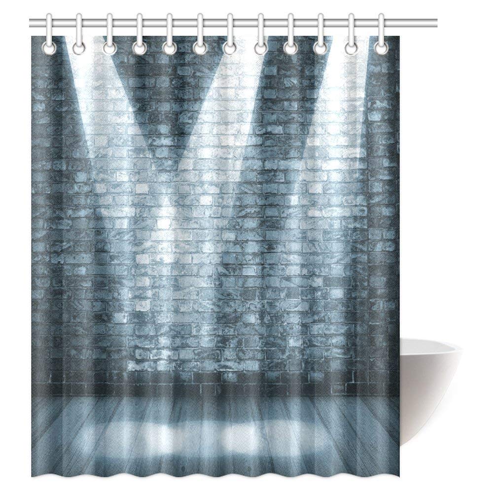 Grunge Decor Shower Curtain, Brick Wall in a Room with Interior Luminous Shine Spot Light Projection Fabric Bathroom Shower Curtain Set with Hooks