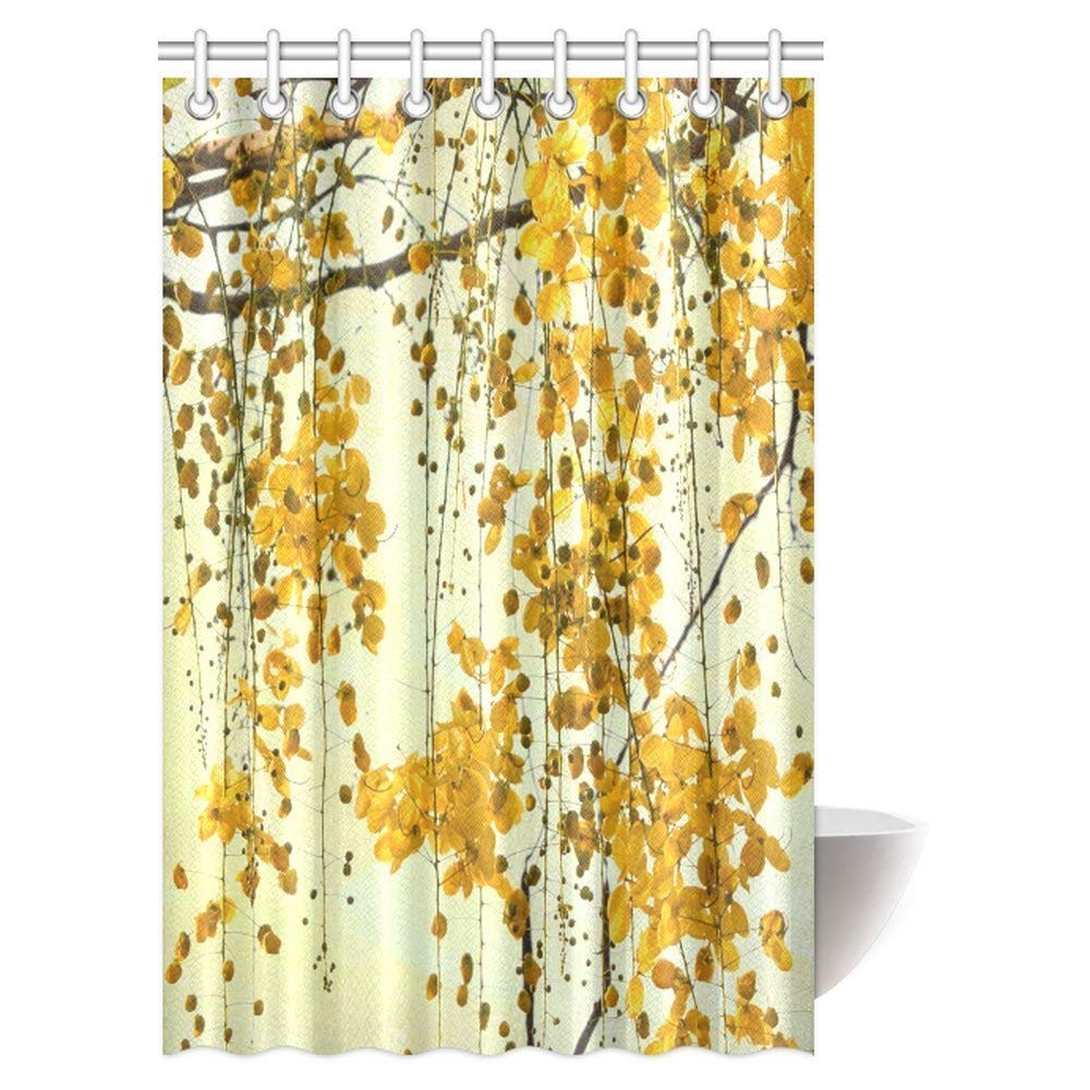 Thailand Native Brilliant Yellow Flowers Shower Curtain, Cassia Fistula Golden Shower Tree Seeds Yellow Flower Fabric Bathroom Shower Curtain Set with Hooks