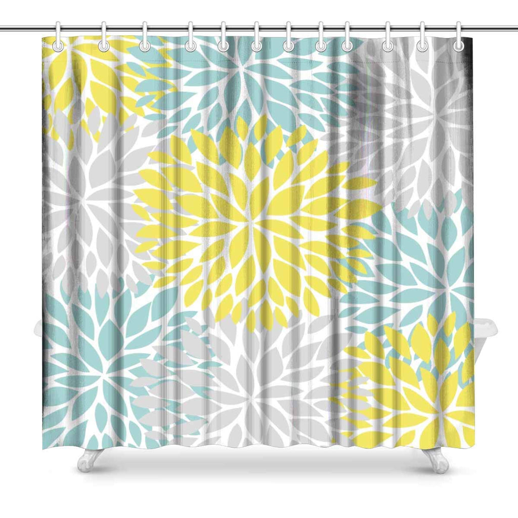 Dahlia Pinnata Flower Yellow Light Blue and Gray Home Decor Waterproof Polyester Fabric Shower Curtain Bathroom Sets with Hooks