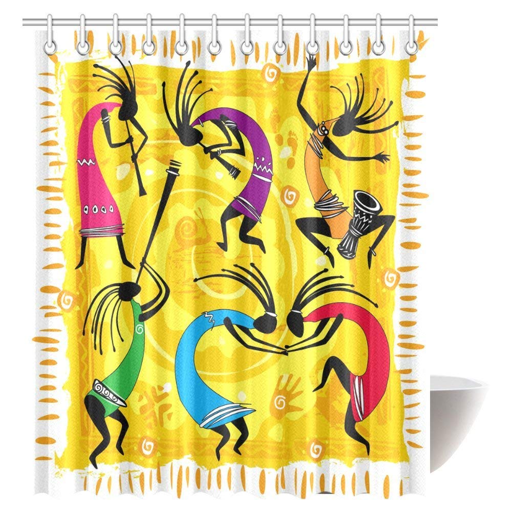 Dancing Playing Musical Instruments Figures on Tribal Style Patterns Artwork Scenic Bathroom Shower Curtain