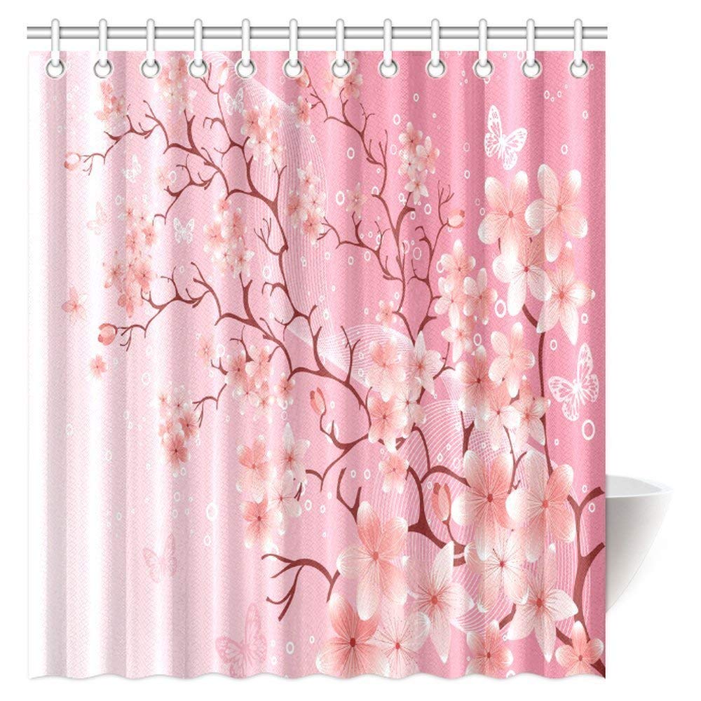 House Decor Shower Curtain, Cherry Blossom Springtime Sakura Japanese Pink Floral Flower Bathroom Shower Curtain Set with Hooks