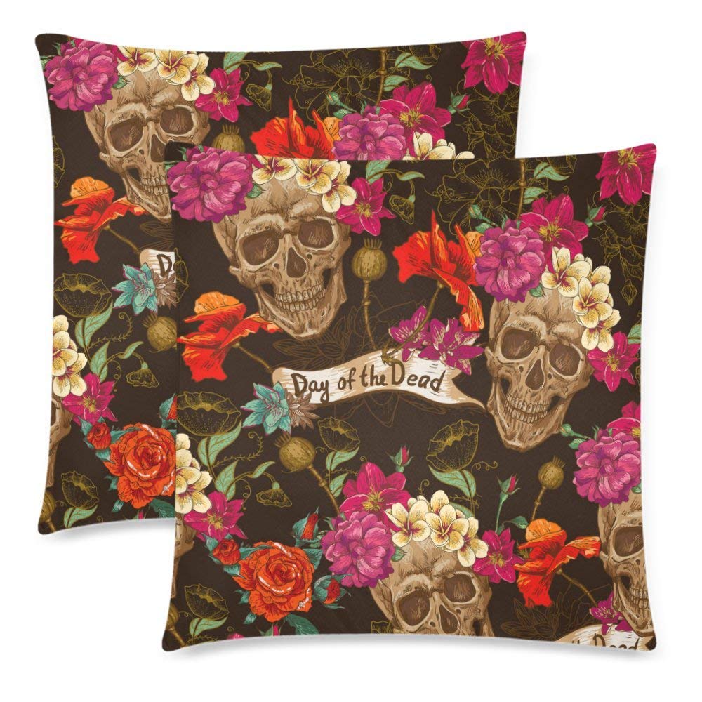 Skull and Flowers Day of The Dead Pillow Cushion Case Cover 18x18 Twin Sides, Sugar Skull Polyester Zippered Throw Pillowcase Protector Decorative, Set of 2