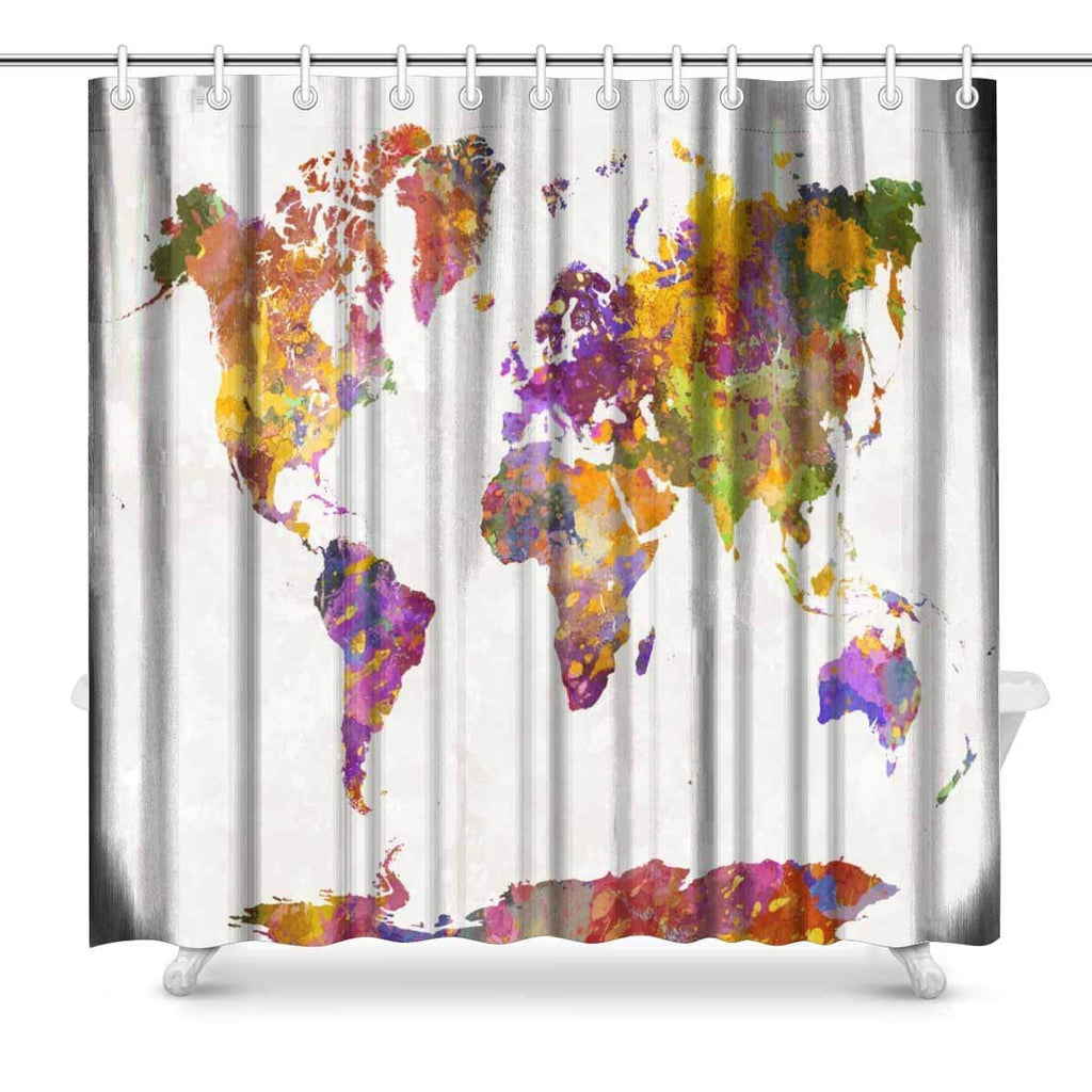 World Map in Watercolor Painting Abstract Splatters Warm Art Digital Print Polyester Fabric Shower Curtain, 72 x 72 Inches