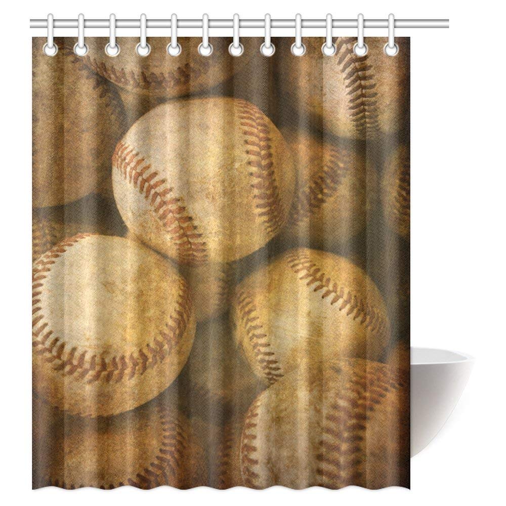 Vintage Decor Shower Curtain, Vintage Baseball Backgorund American Sports Theme Nostalgic Leather Retro Balls Bathroom Shower Curtain Set with Hooks