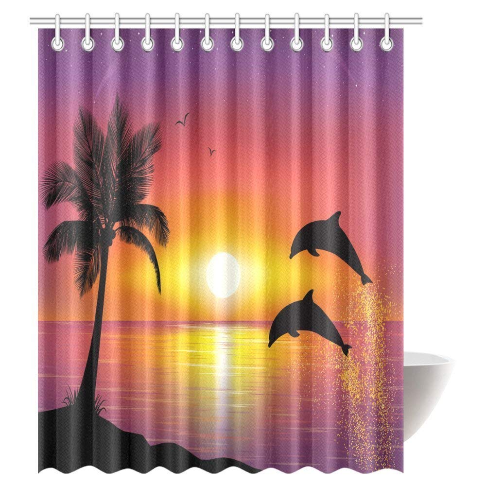 Whale Decor Shower Curtain, Two Dolphin in the Ocean at Sunset and Palm Tree Leaves Romantic Waterscape Shower Curtain Set with Hooks