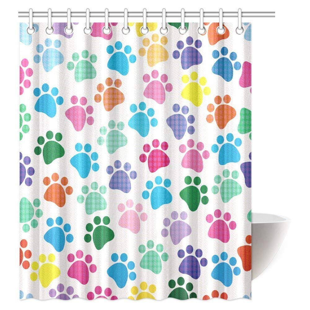 Dog Lover Decor Shower Curtain Set, Colorful Little Paws Cute Footprints Childish Artwork Cartoon Unusual Traces Fabric Bathroom Decor Set with Hooks