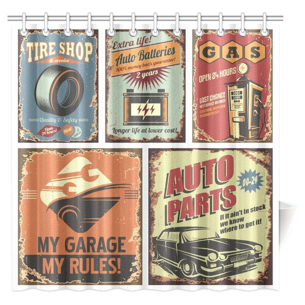 Nostalgic Car Figure with Garage Service and Repair Store Phrase Dated Faded Fabric Bathroom Shower Curtain