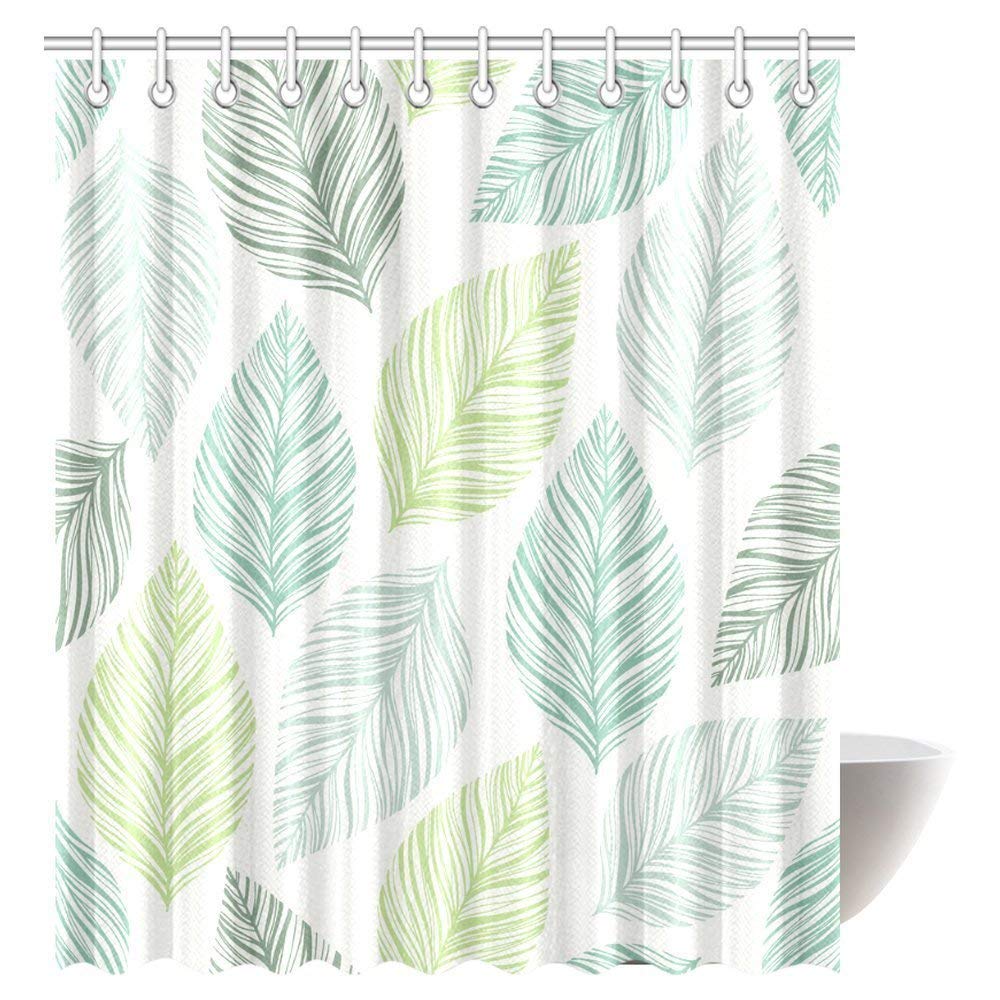 Leaves Decor Shower Curtain, Exotic Fantasy Tropical Leaves With Stylish Floral Graphic Illustrated Art Fabric Bathroom Shower Curtain