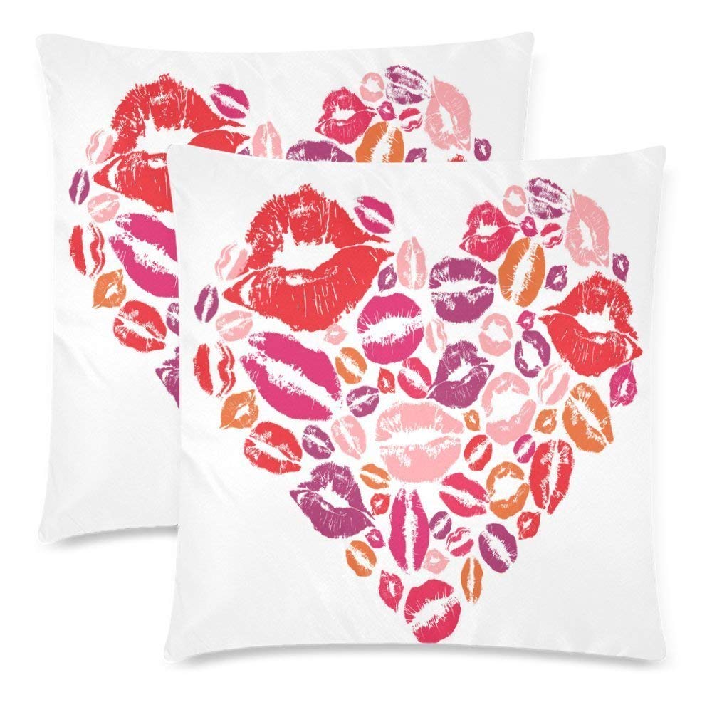 Red Love Heart Lips Kisses Pillow Covers 18x18 for Couch Bed, Valentine's Day Gift Zippered Throw Pillow Case Pillowcase Shams Home Decor, Set of 2