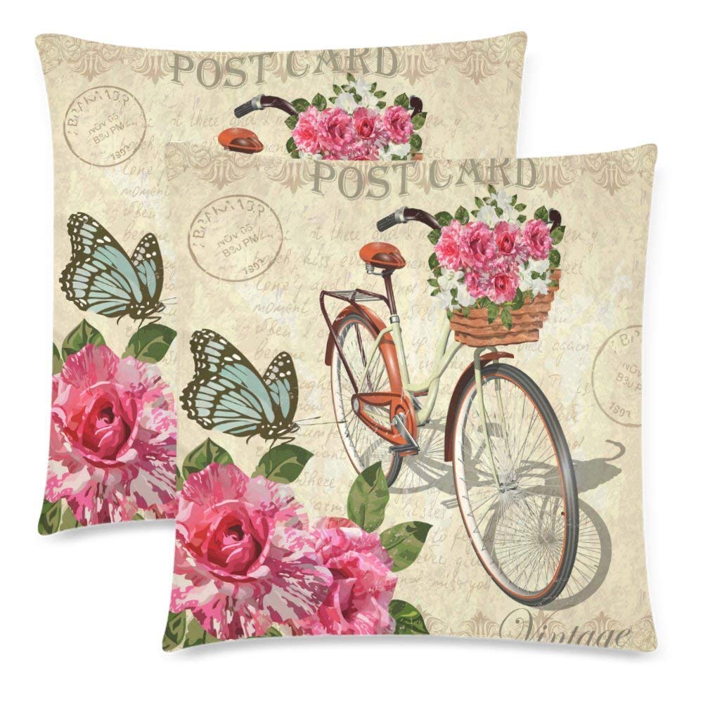 Vintage Art with Roses Butterfly and Bicycle Pillow Case Cover 18x18 Twin Sides for Couch Bed