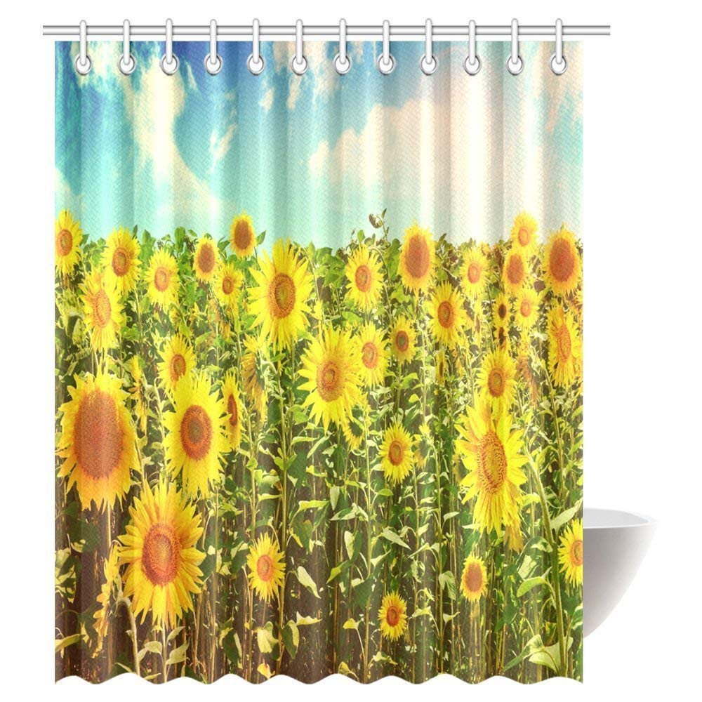 Sunflower Decor Collection, Field of Sunflowers on the Sunset Dramatic Sky with Colorful Clouds Greenery Scenic Bathroom Shower Curtain Set with Hooks