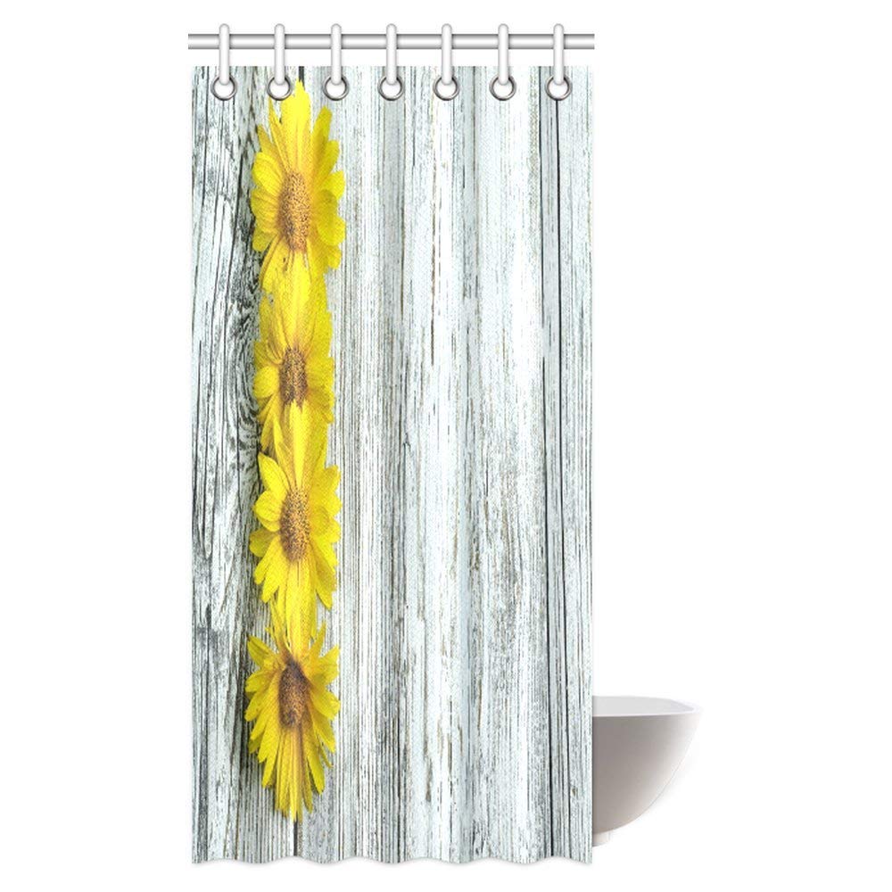 Rustic Shower Curtain, Yellow Daisy Blossom on Vintage Wood Wall Farm Country Style Fabric Bathroom Shower Curtain with Hooks