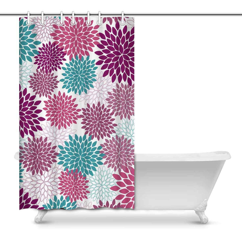 Dahlia Pinnata Flower Purple Fabric Bathroom Shower Curtain Decor Set with Hooks