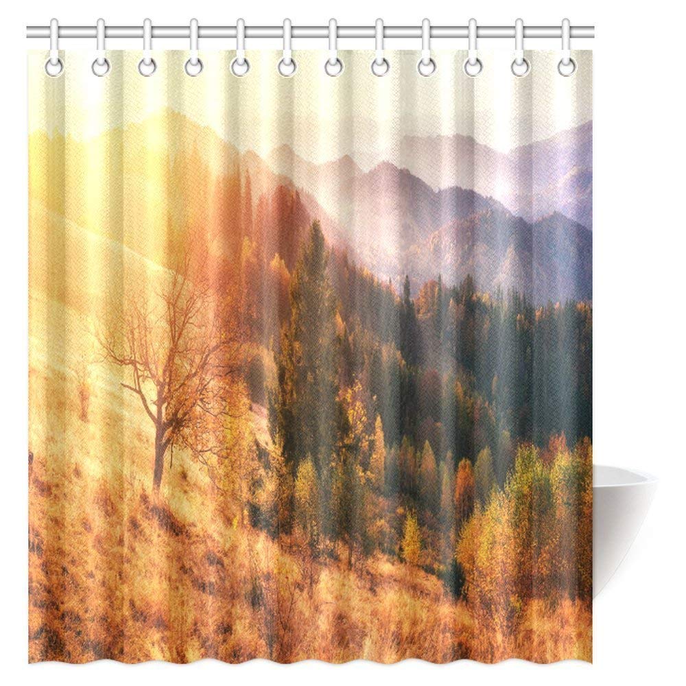 Fantastic Sunset Shower Curtain, Mountain Range in the Carpathian Mountains in the Autumn Season Fabric Bathroom Shower Curtain