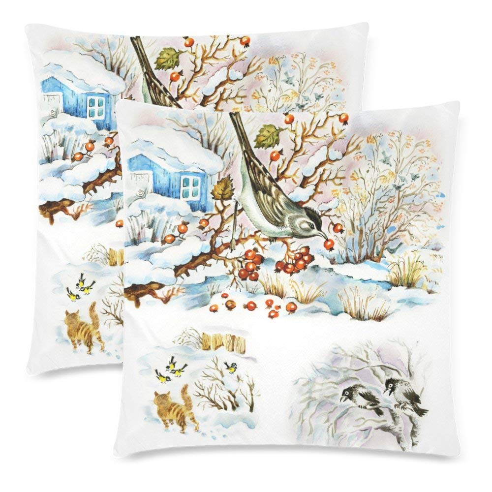 Winter Landscape with Bird Crow Cat Pillowcase Pillow Cushion Case Cover 18x18 Twin Sides for Couch Bed, Hawthorn Birch Christmas Zippered Throw Pillow Case Shams Decorative, Set of 2