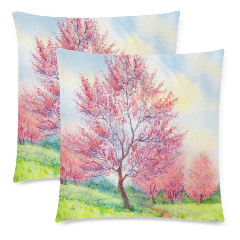 Watercolor Spring Landscape Cushion Pillow Cover Case 18x18, Flowering Tree in a Field Zippered Cotton Throw Pillowcase Set Decorative for Couch Bed, Set of 2