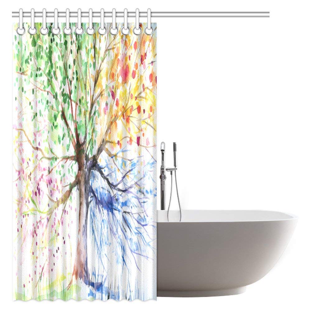 Colorful Tree Four Seasons Polyester Fabric Shower Curtain 66 X 72 Inches, Berry Green Red Yellow Navy Brown Water, Soap, and Mildew Resistant Machine Washable Shower Curtains