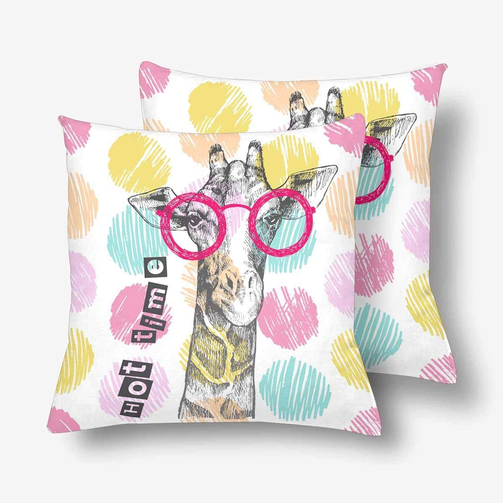 Hipster Giraffe Bright Giraffe Glasses Throw Pillow Covers 18x18 Set of 2, Pillow Cushion Cases Pillowcase for Home Couch Sofa Bedding Decorative