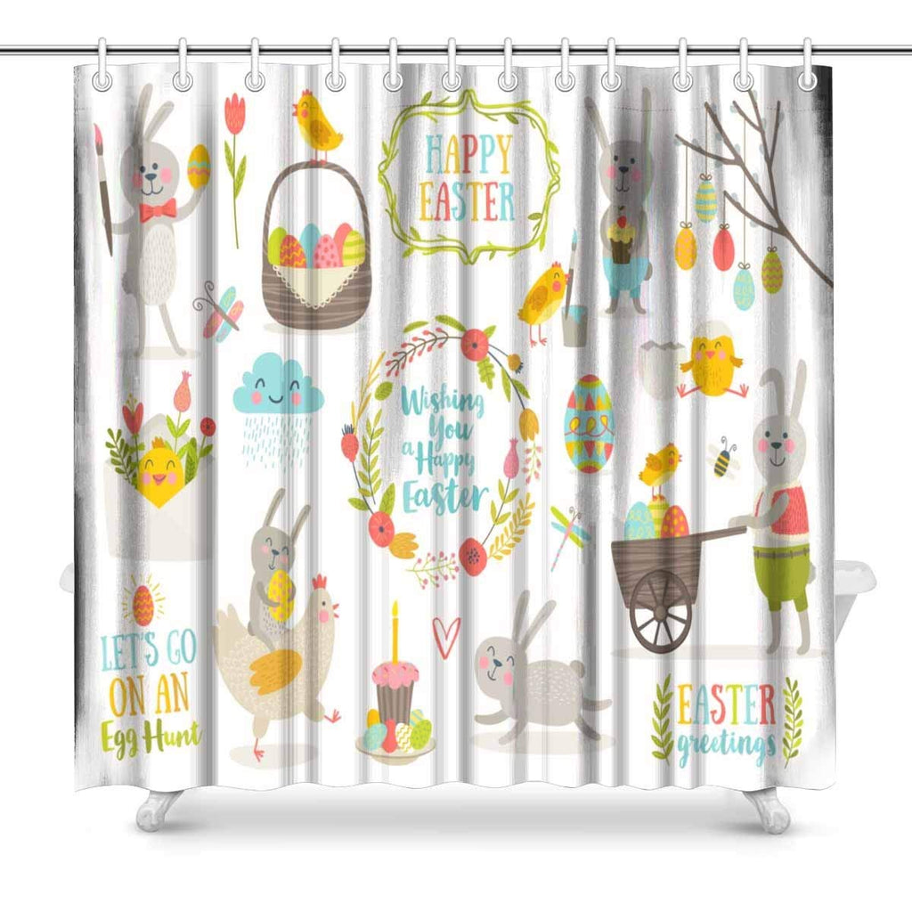 Cute Easter Cartoon Characters Easter Bunny, Chickens, Eggs and Flowers Bathroom Accessories, Shower Curtain with Hooks